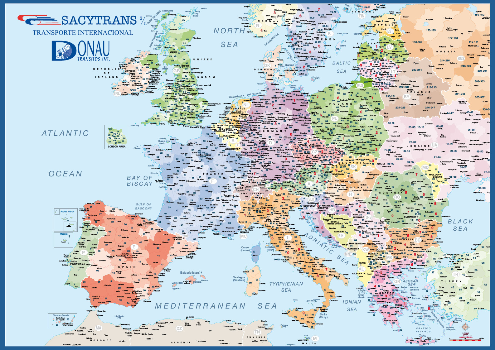 Carte de l'Europe avec codes postaux A3 Sacytrans