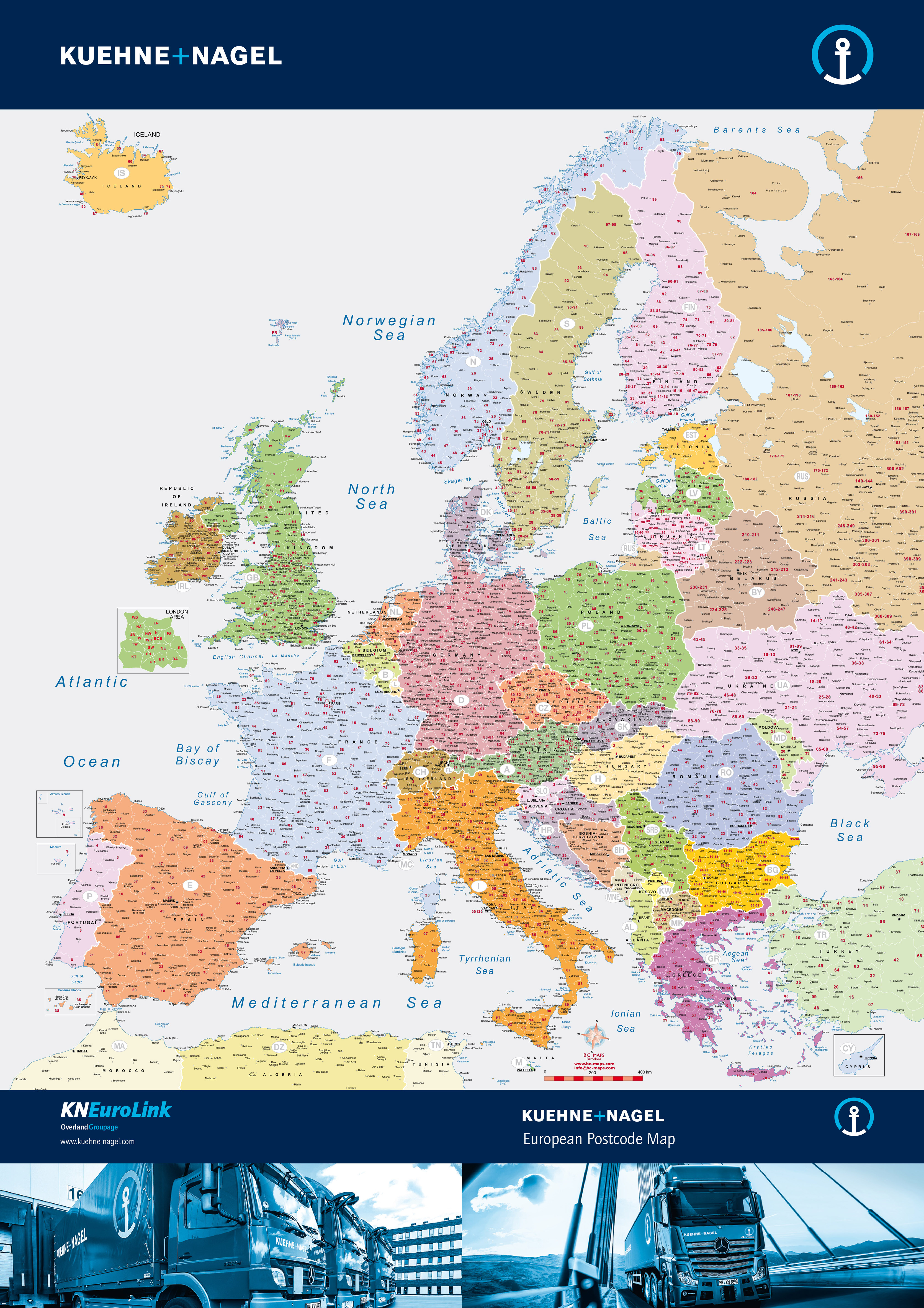 Carte pliée de l'Europe codes postaux Kuehne Nagel