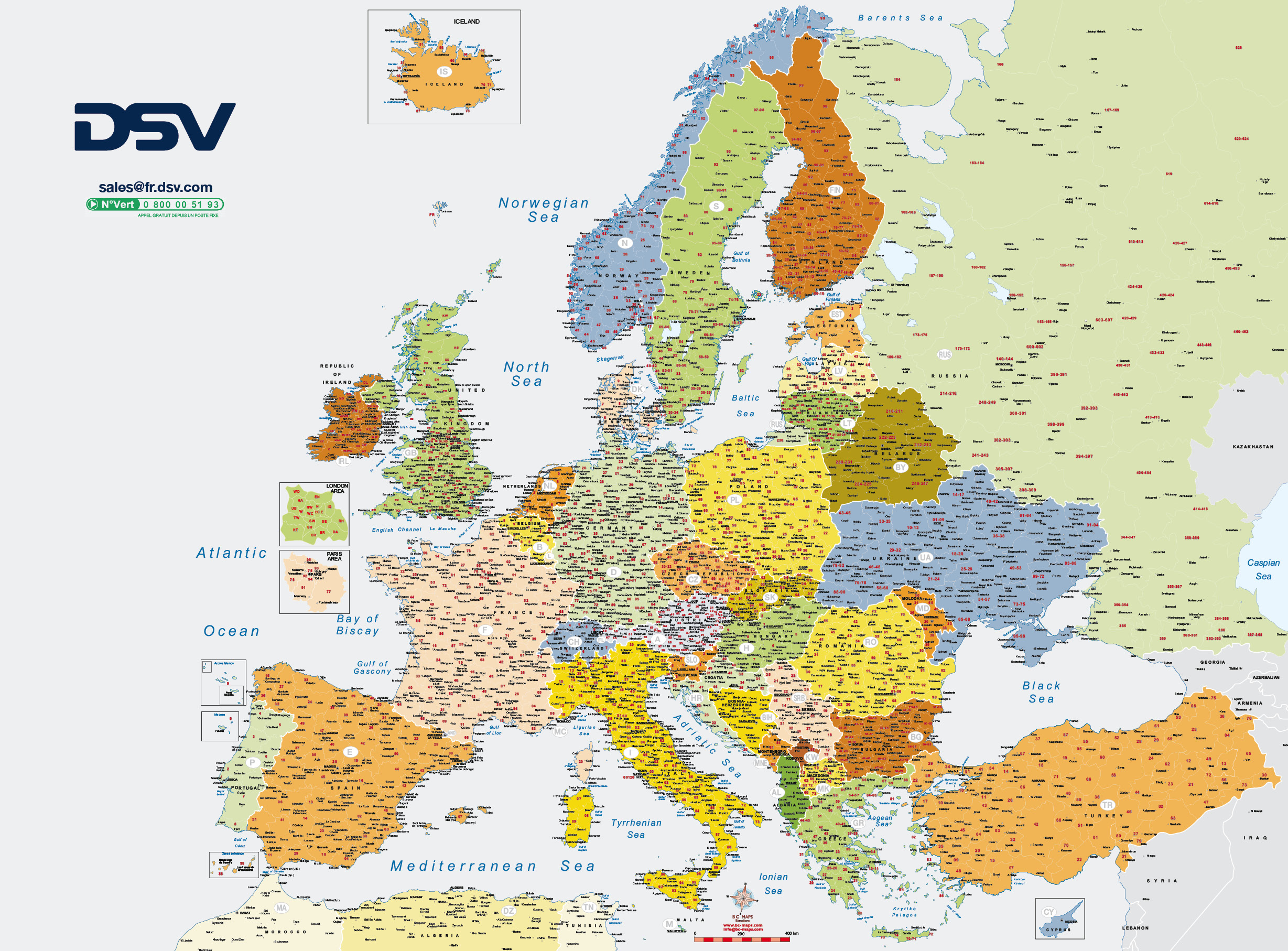 Carte pliee de l'Europe avec les codes postaux DSV